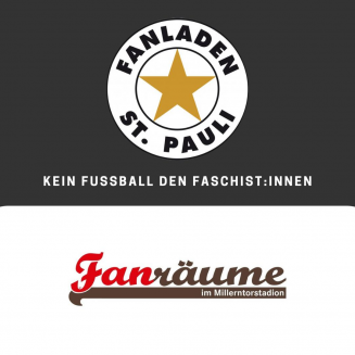 „Grafik mit Logo von Fanladen St. Pauli und Schriftzug ‚Kein Fußball den Faschist:innen‘ sowie Logo ‚Fanräume im Millerntorstadion‘.“