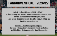 Grafik mit Informationen zum Fankurventicket 2026/27 des FC St. Pauli. Schritt 1 (09.02.–22.02.): Bedarfsmeldung aller bestehenden Gruppen; neue Gruppen melden sich bis 13.02. an info@fankurventicket.de. Schritt 2: Bis Ende Februar Bearbeitungszeit für die Verteilung, ab Mitte März Registrierung der Kund*innendaten. Unten sind drei Logos: Ultrà St. Pauli, Vereinswappen FC St. Pauli, Fanladen St. Pauli. Hintergrund: volle Tribüne mit Fans.