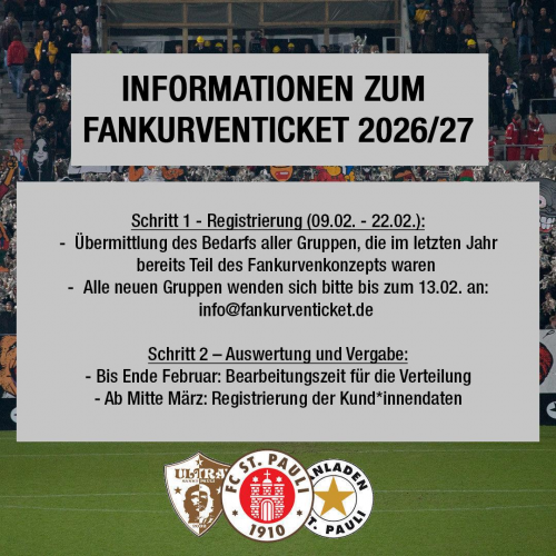 Grafik mit Informationen zum Fankurventicket 2026/27 des FC St. Pauli. Schritt 1 (09.02.–22.02.): Bedarfsmeldung aller bestehenden Gruppen; neue Gruppen melden sich bis 13.02. an info@fankurventicket.de. Schritt 2: Bis Ende Februar Bearbeitungszeit für die Verteilung, ab Mitte März Registrierung der Kund*innendaten. Unten sind drei Logos: Ultrà St. Pauli, Vereinswappen FC St. Pauli, Fanladen St. Pauli. Hintergrund: volle Tribüne mit Fans.