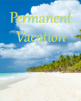 Ein Strand mit Palmen und Permanent Vacation-Schriftzug